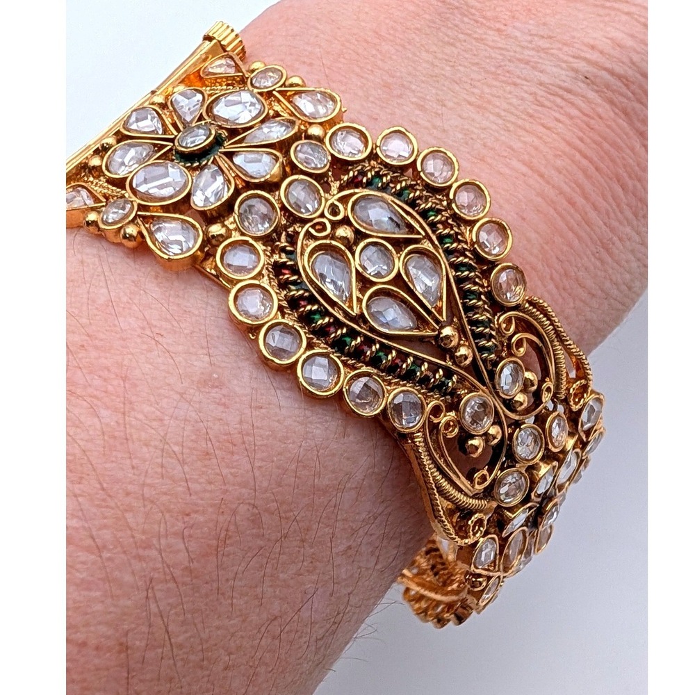 Gold Tone Kundan Cuff Bracelet Floral Filigree Clear Stone Indian Bridal Jewelry